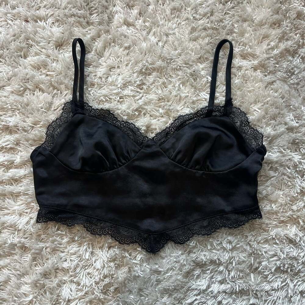 Motel Rocks Black Satin Lace Cropped Camisole Tank Top Size S
